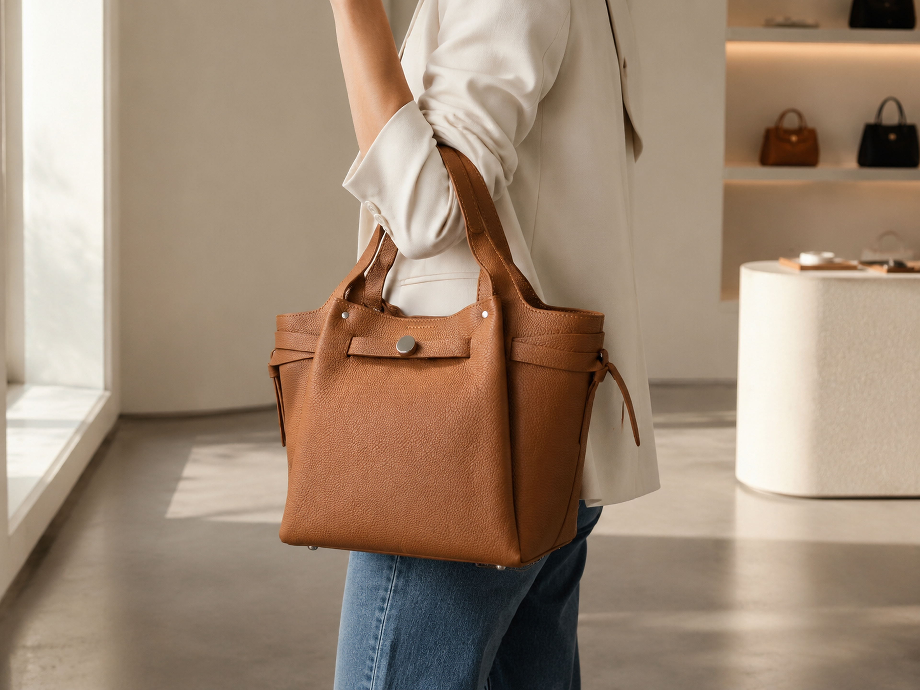 HOSSEN Genuine Leather Structured Tote Bag