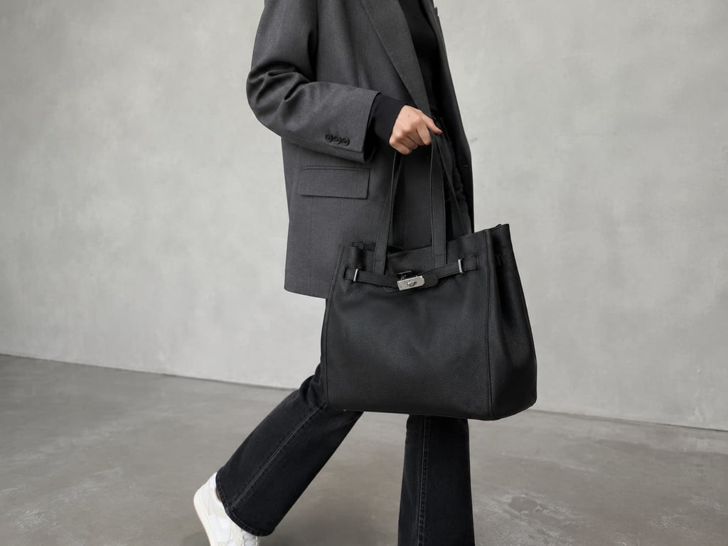 HOSSEN Pebbled Leather Belted Oversized Tote