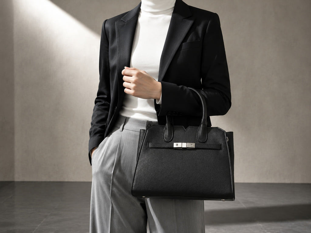 HOSSEN Pebbled Leather Triple-Clasp Satchel
